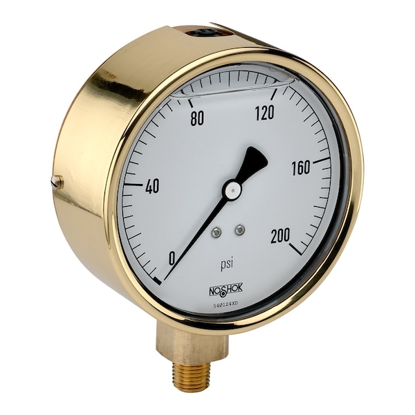 Pressure Gauge, 2.5" Brass Case, Copper Alloy Internals, 1500 psi, 1/4 NPT Male Back Conn, Glycerin Filled, Chrome Bezel & U-Clamp